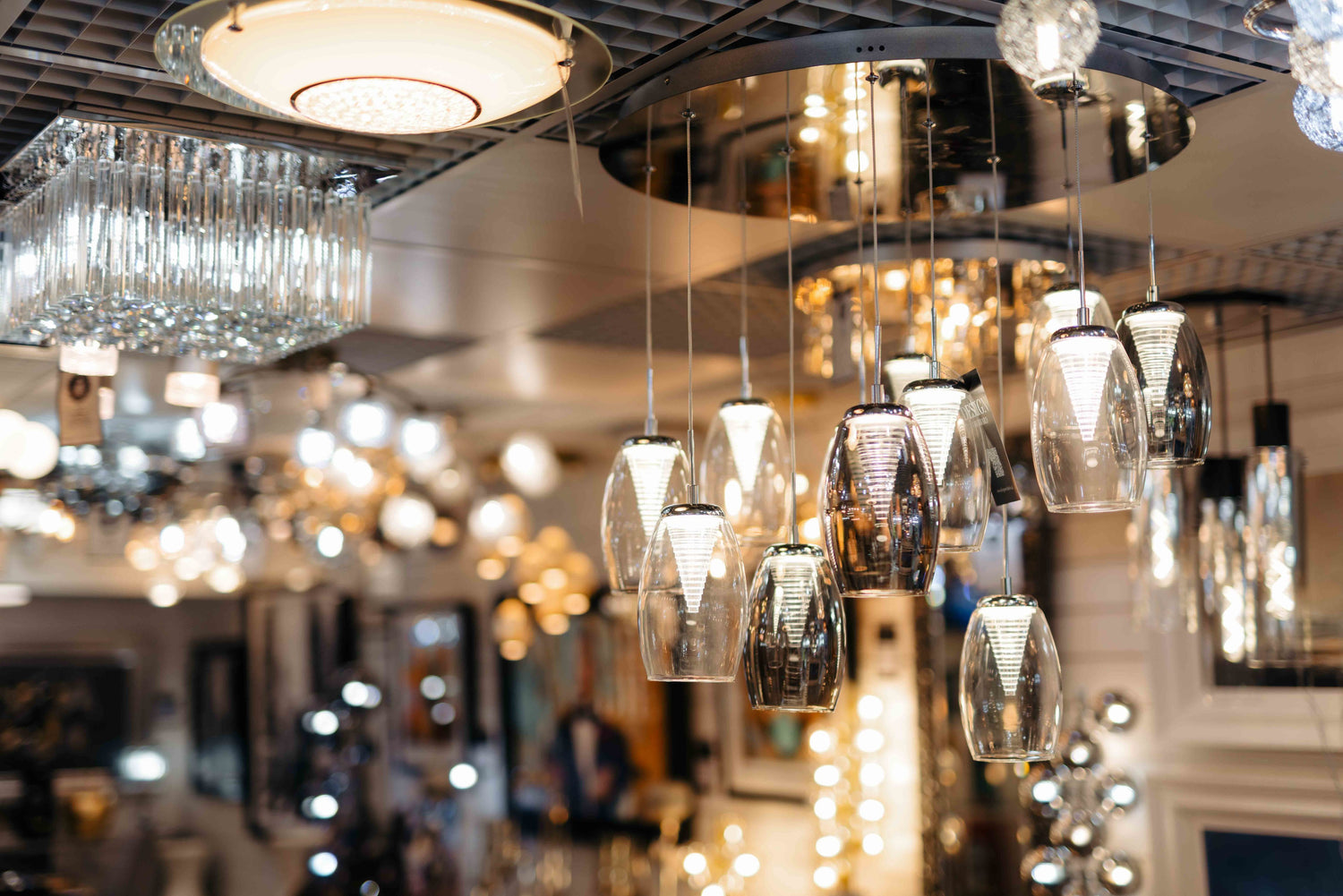 A selection of light fixtures on display in the showroom