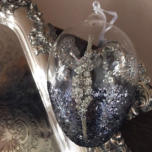 Pewter Glitter Glass & Diamante Bauble