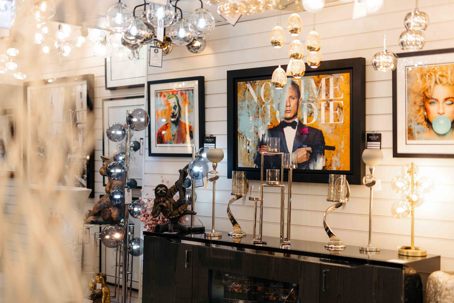 A showroom snapshot highlighting artwork and interior finishes
